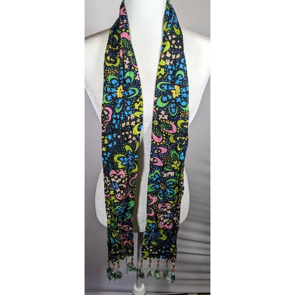Talbots Retro Rainbow Floral Beaded Tassel Scarf - Picture 4 of 6